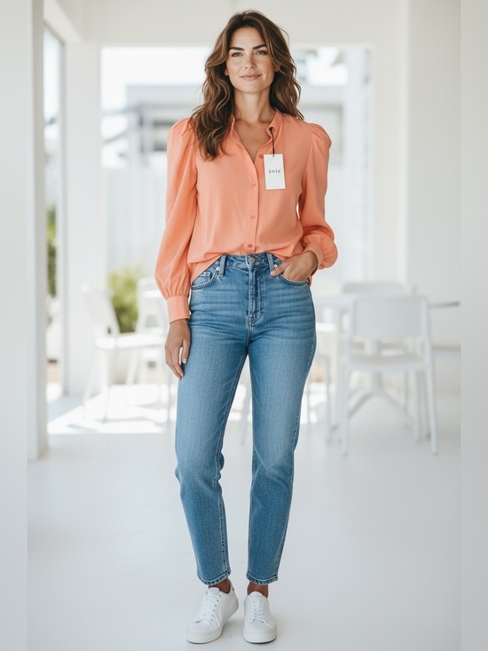Joie Tops - Joie Coral-Peach Button-Down Mandarin Collar Blouse